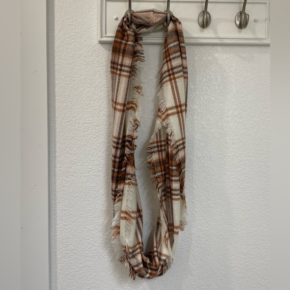 Infinity Scarf in soft cream, black, brown and pink tones.